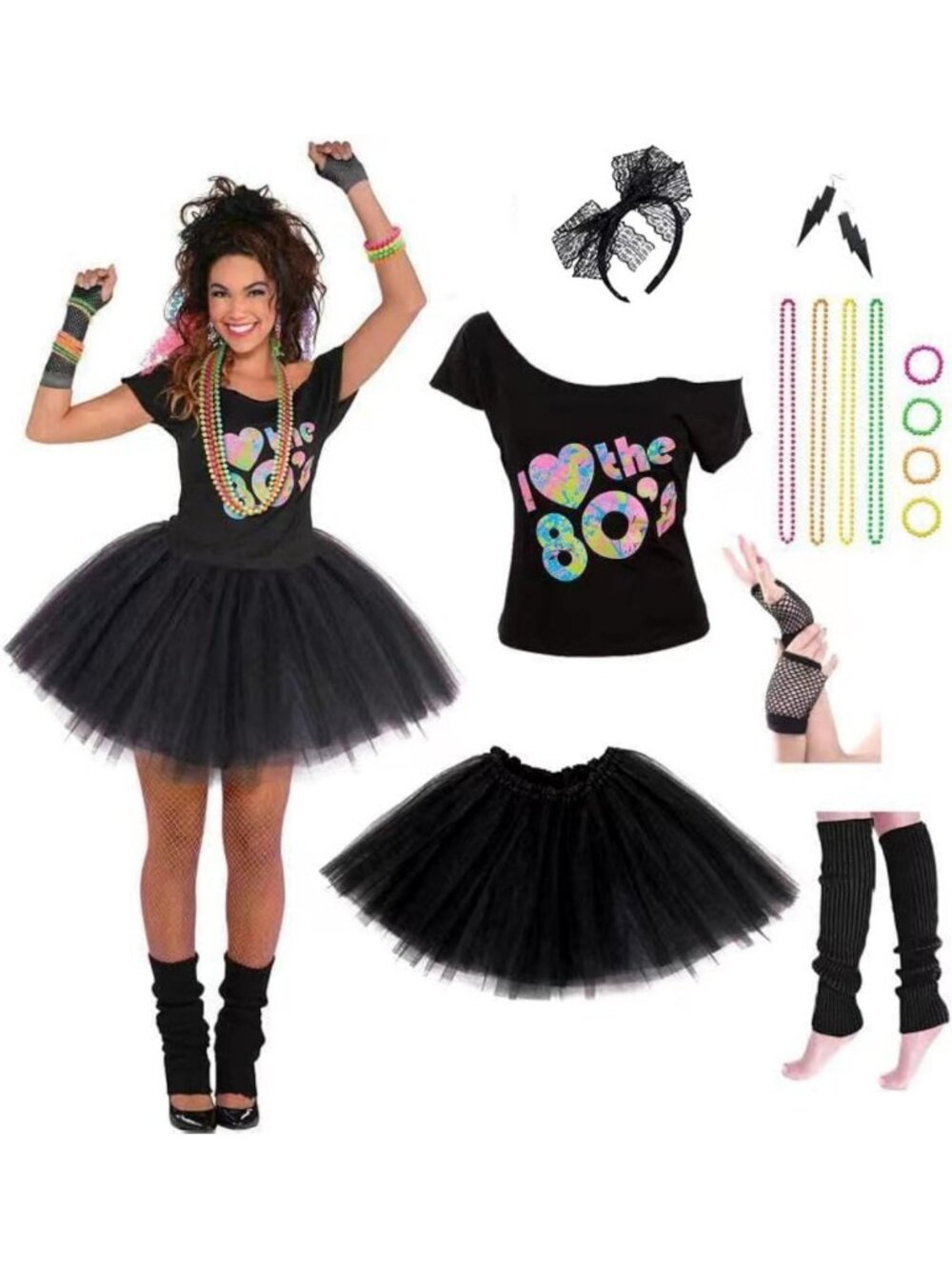 80's Women's Costume Set with Tutu Skirt, Accessories, Fishnet Gloves
